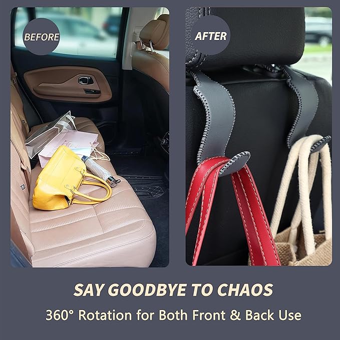 Amooca Car Seat Headrest Hook Universal Vehicle Storage Hanger Leather with Metal Car Seat Back Organizer for Handbag Purse Coat Grey 4 Pack