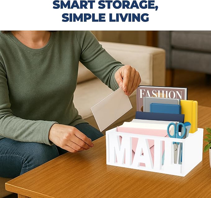 Mail Organizer Countertop – White Holder for Desk or Wall, Decorative Desktop Sorter, Envelope Tray & Bill Storage with Compact Size for Home Office Organization Accessories (11x4x4 in)