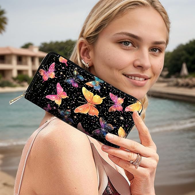 RFID Blocking Leather Wallet for Women – Large Capacity Zip Around Clutch with 8 Card Slots,23 Cash Pockets & Coin Zipper,Colorful Butterfly Art