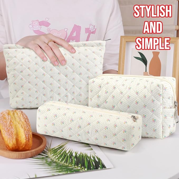 3 Pcs Makeup Bag Cosmetic Bag Set for Girls Women Checkered Travel Organizer Bathroom Toiletry Pouch Large Capacity Storage Bag(Small Flower Blue)