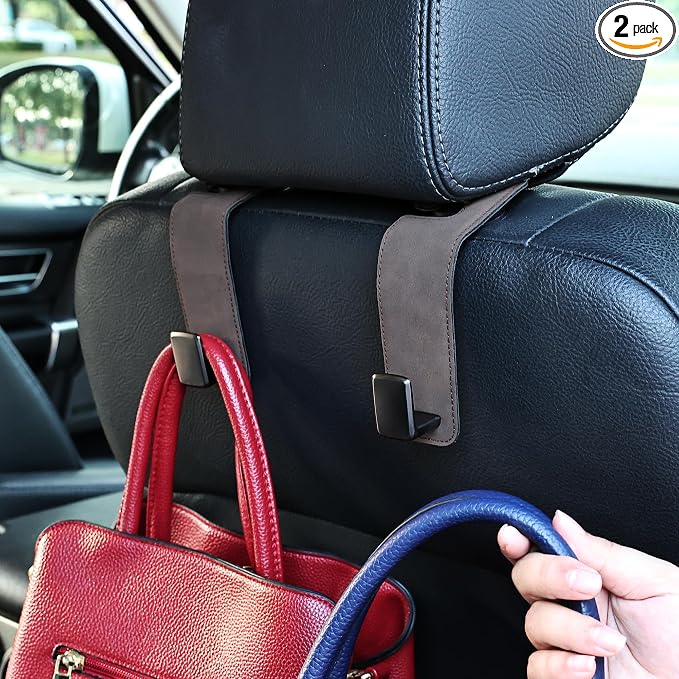 Amooca Car Seat Back Hook Universal Auto Storage Hanger Suede with Metal Car Seat Organizer for Handbag Purse Coat Umbrellas Grocery Bags 2 Pack Brown