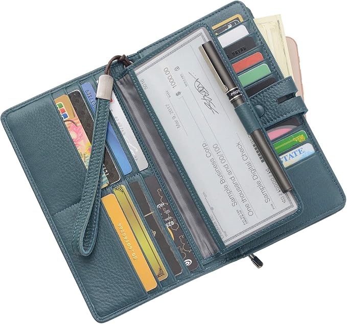 Women's Big Fat RFID Blocking Leather Wristlets Wallet Organizer Checkbook Holder (Blue)