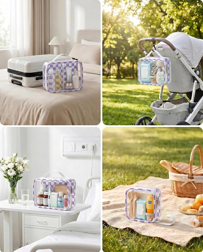 LETGO Checkered Diaper Bag Organizer Pouch Set,TSA Approved Toiletry Bag,Clear Waterproof TPU Car Makeup Bag Set Travel Organizer Bags for Women and Kids Toiletry Bag Set for Baby and Mom Essentials