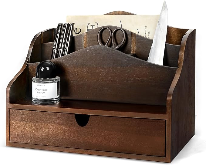 Rebee Vision Acacia Wood Mail Organizer for Desk – Farmhouse Countertop Mail Holder with Dividers – 4-Slot Letter Sorter for Key & Jewelry– Desktop Organizer for Home Decor (Dark Acacia)