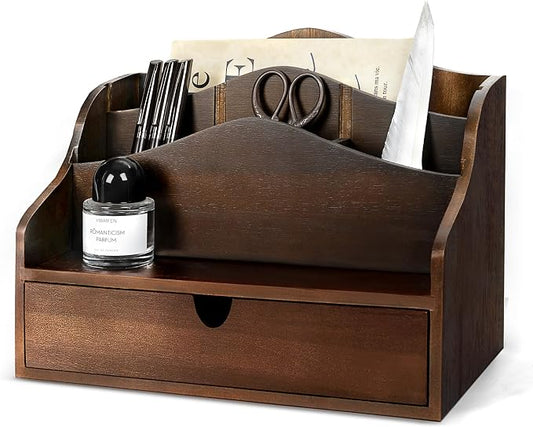 Rebee Vision Acacia Wood Mail Organizer for Desk – Farmhouse Countertop Mail Holder with Dividers – 4-Slot Letter Sorter for Key & Jewelry– Desktop Organizer for Home Decor (Dark Acacia)