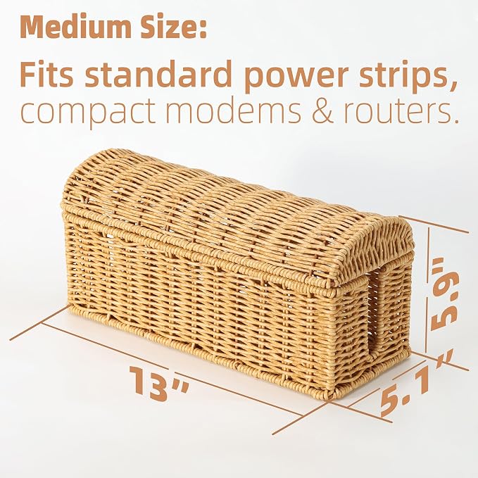 Cable Management Box, Handwoven Rattan Cable Organizer, Cord Organizer Box to Hide Cords & Power Strip, Boho Wire Hider Basket for Home Office, Dome Cover, Natural