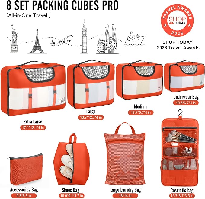 Veken 8 Set Packing Cubes for Travel Essentials, Suitcase Organizer Bags in 4 Sizes, Carry-On Luggage Accessories with Laundry Bag, Airplane Must Have, Gifts for Women Men
