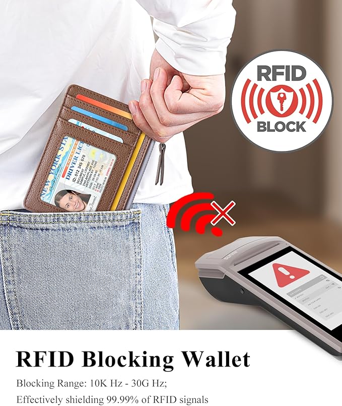 Teskyer Slim Card Holder Wallet with Zip Pocket, RFID Blocking, Total 9 Compartments Large Capacity, 3.5" x 4.7" (Slight Larger Than Usual), Faux Leather - Coffee
