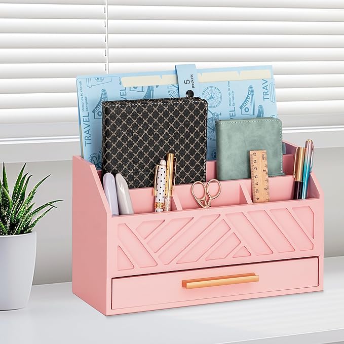 Pink Wood Desk Organizer and Accessories with Drawer, Bill Mail Organizer and File Mail Holder for Office Supplies, Modern Desk Accessories & Workspace Organizers for Desk Organization
