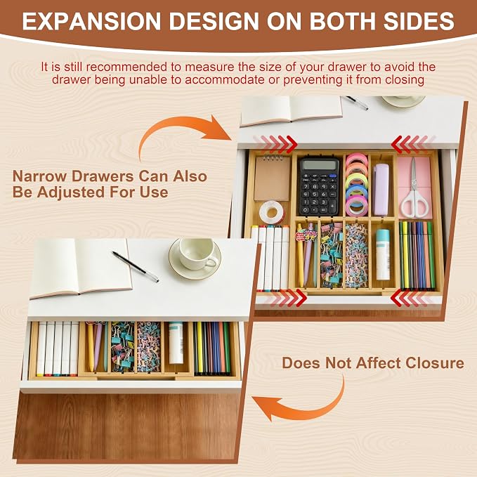 TREWAVE Bamboo Desk Drawer Organizer, Expandable Drawer Organizer Tray with Adjustable Dividers, Wooden Storage Organizers for Office Supplies, Crafts, Makeup & Kitchen Cutlery, 12.6" - 15.6" Wide