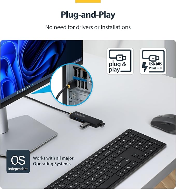 StarTech USB-A 4-Port Hub, SuperSpeed 5Gbps, 4 × USB-A Adapter, Bus-Powered Portable Hub with Extra Long 2 ft Cable, Plug-and-Play for MacBook, Dell, Chromebook, PC & Peripheral Devices