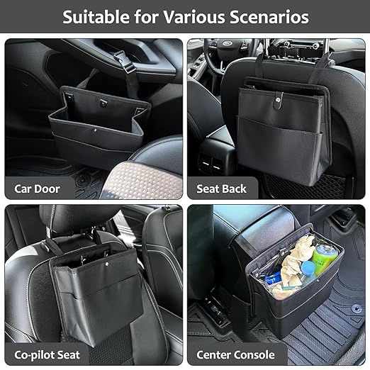 Accmor Car Trash Can with Pocket, Small Vehicle Dustbin Automotive Garbage Organizer Bin with 60 Pcs Trash Bags, Hanging Cars Storage Container for SUV Vans (Black)