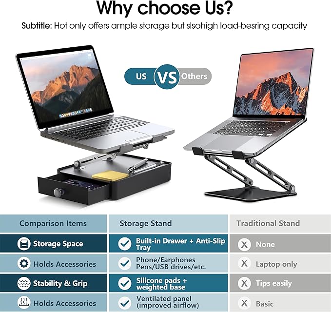Laptop Stand with Storage Drawer, Adjustable Ergonomic Laptop Riser for Desk, Heavy-Duty Metal Stand for 10??6??Laptops, Space-Saving Desk Organizer for Remote Work & Home Office, Gray