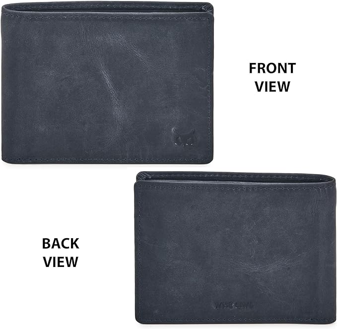 Real Leather Mens Bifold Wallet RFID Blocking Slim Minimalist Front Pocket - Thin & Stylish with ID Window in Gift Box (Crazy Horse, Navy)