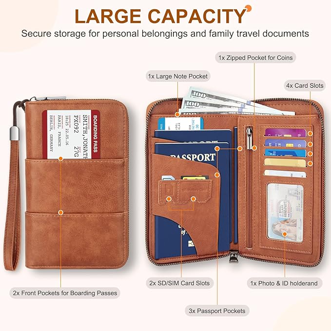 Family Passport Holder Wallet with Zipper, RFID Blocking Travel Document Organizer, PU Leather Passport Wallet for Women Men, Passport Cover Travel Wallet for Boarding Pass, ID, Money, Ticket