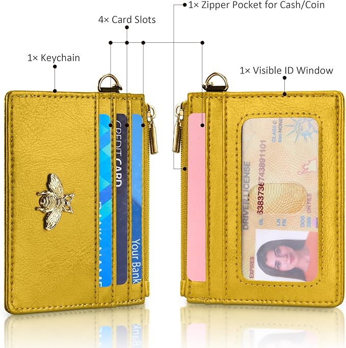 SEAVILIA Card Holder Keychain Wallet for Women with ID Window RFID Coin Purse Bee Gifts Slim Minimalist Small Wallet
