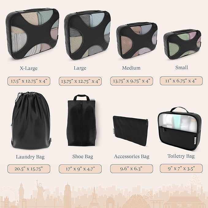 Shacke Packing Cubes for Travel 8 Set - Premium Luggage Organizer Bags - Versatile Travel Organizer for Women and Men - Optimized Packing Bags - Travel Essentials (Black)
