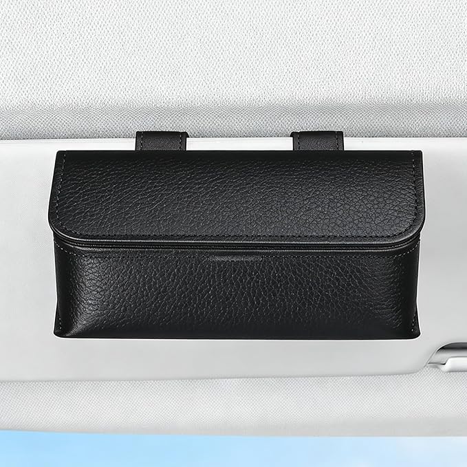 Car Sunglasses Holder, Large Capacity Universal Fit Magnetic Closure Clip-On Visor Accessories Glasses Protective Storage Box for Man Women Beige