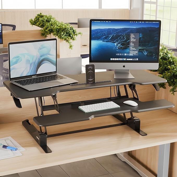 Mount-It! 47" Standing Desk Converter, XL Desktop Sit-Stand Desk Riser with Gas Spring Height Adjustment, Wide Desk Topper for Dual Monitors or Monitor & Laptop, Keyboard Tray, Black