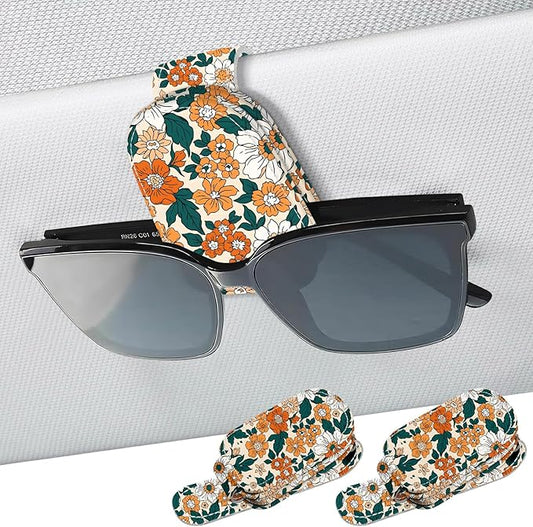 2 Pack Sunglass Holder for Car Visor, Universal Magnetic Car Sunglass Holder for Different Size Eyeglasses, Car Visor Accessories (Flower-Yellow)