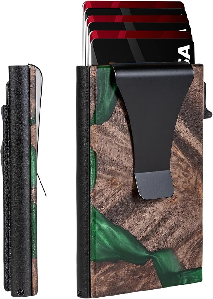 Slim Aluminum Wallet for Men, RFID Blocking Minimalist Matel Pop Up Card Holder Wallet, Holds 8+ Cards,Durable Removable Money Clip & Money Pocket(Resin Green Wood)