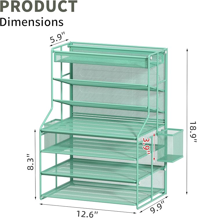 White 7 Tier Desk File Organizer, Metal Letter Tray Paper Organizer with Pull-Out Drawer, Removable Pen Holder & Hanging Basket, Vertical Desktop File Holder for Home Office, Classroom