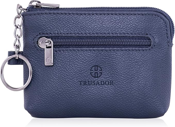Trusador Milano Unisex Leather Front Pocket Wallet Coin Purse Zipper Pouch with Keychain (Navy)