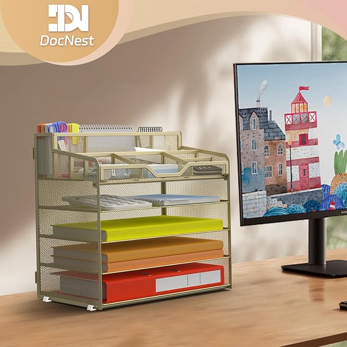 Docnest 5 Tier Mesh Desk Organizer for Paper Office Supplies – Multi-Functional Letter Tray with 5 Adjustable Compartments, 3 Pen Holders, Desktop Storage for Files, Mail, Stationery – Gold