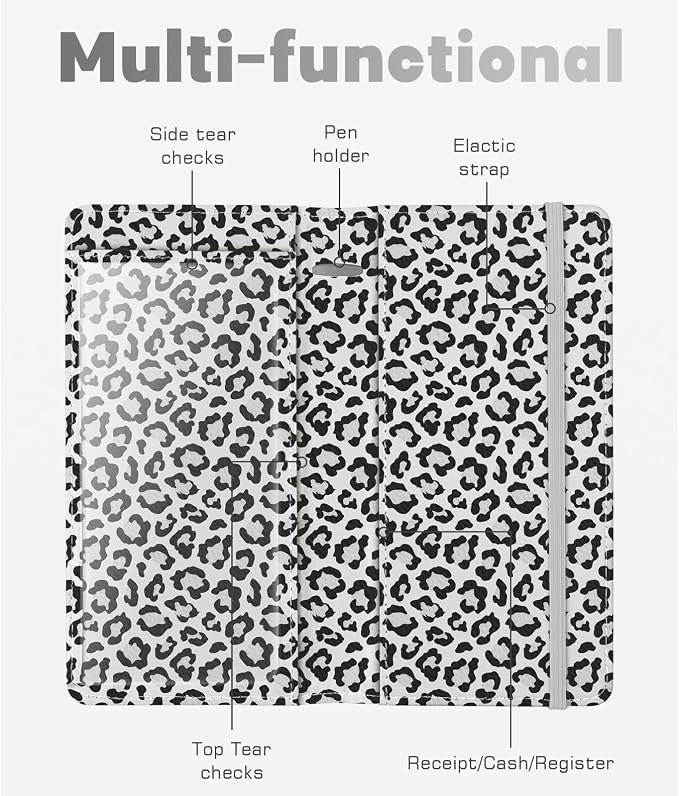 Checkbook Cover for Men Women, Premium Leather Checkbook Holder with RFID Blocking and Built in Clear Plastic Divider for Personal and Business Checks (Leopard-White)