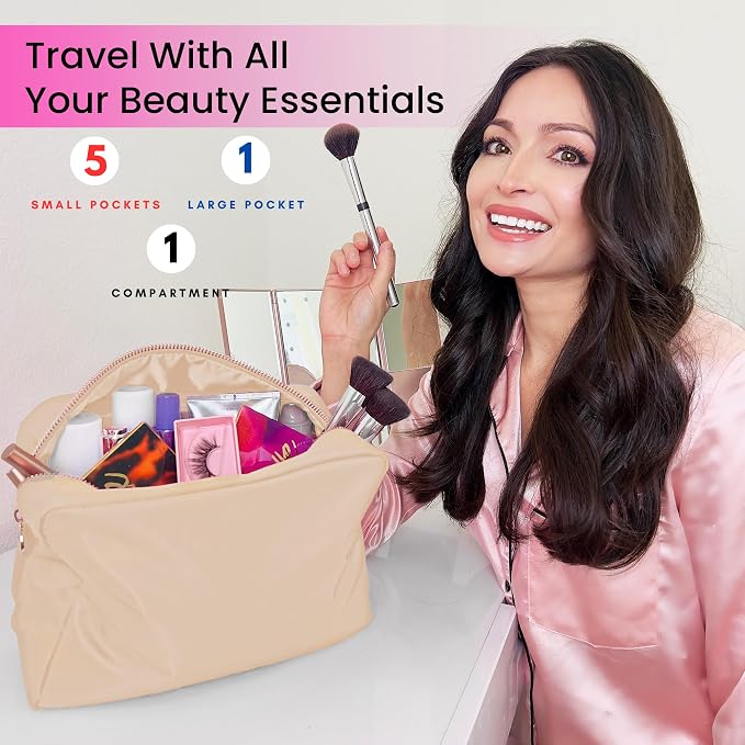 DANCOUR Makeup Bag with Compartments, Large Makeup Organizer, Travel Cosmetic Bag, Makeup Case, Cosmetic Bag for Women, Travel Pouch, Beige Makeup Bag with Dividers