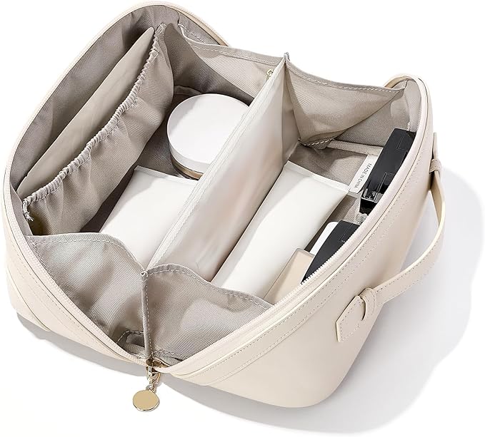mibasies Flat Lay Open Travel Makeup Bag, Dual-Zipper Diagonal Cosmetic Bag, Large Capacity Waterproof Toiletry Bag for Women
