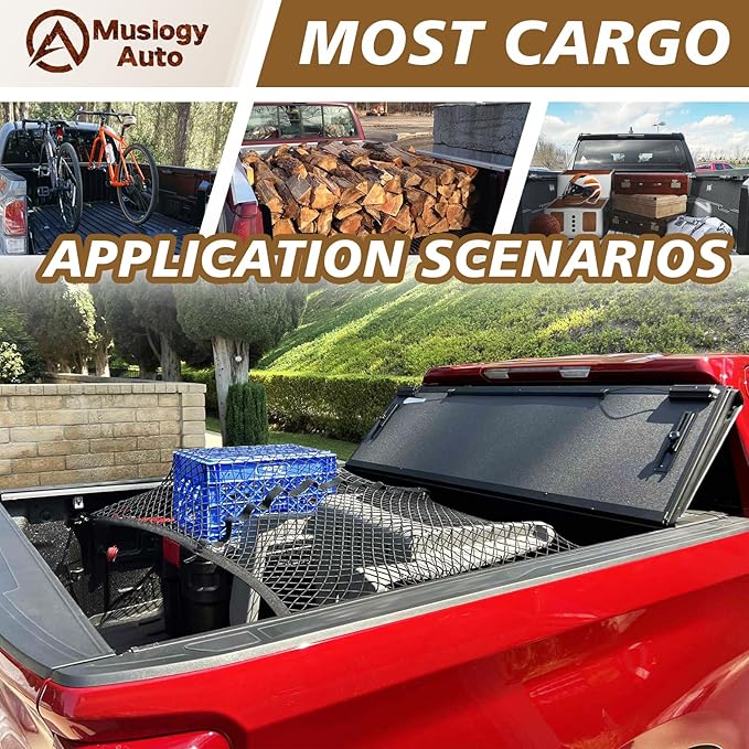 Muslogy Truck Bed Cargo Net Trunk Netting Compatible with Pickup Bed Stretchable 4'x4' to 7'x7' Accessories, Pickup Cargo Organizer SUV Sedan Storage Net w/Heavy Duty Carabiners