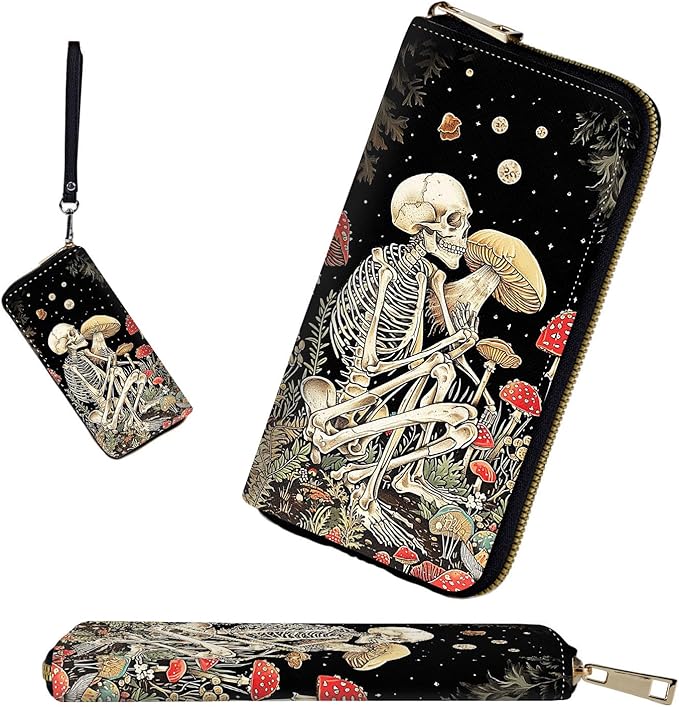 RFID-Blocking Zip Around Wallets for Women with Detachable Wrist Strap,Large Capacity Phone Holder with Card Organizer & Coin Pocket,Skull Men Mushroom Star