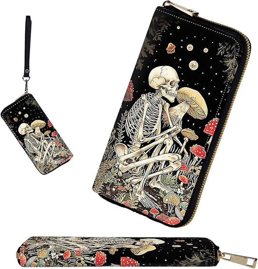 RFID-Blocking Zip Around Wallets for Women with Detachable Wrist Strap,Large Capacity Phone Holder with Card Organizer & Coin Pocket,Skull Men Mushroom Star