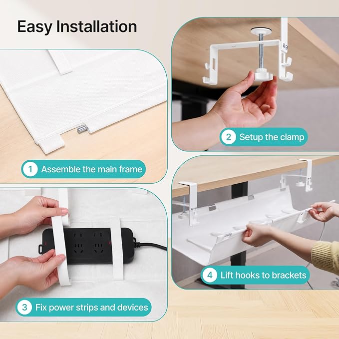 PEGZONE No Drill Under Desk Cable Management Tray, 31.5" Cord Management Under Desk for Table, Clamp Mount Desk Cable Management, Premium Fabric Wire Management Tray for Office, Home, White