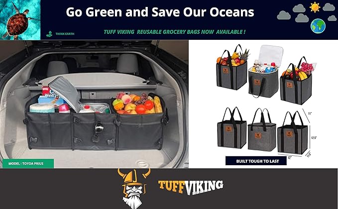 Tuff Viking Convertible Large 3 Compartment SUV Trunk Organizer with Cover | Truck Bed Organizer | for Trucks, Cars, SUVs and Groceries with Tie Down Straps. (5 in 1, Black)