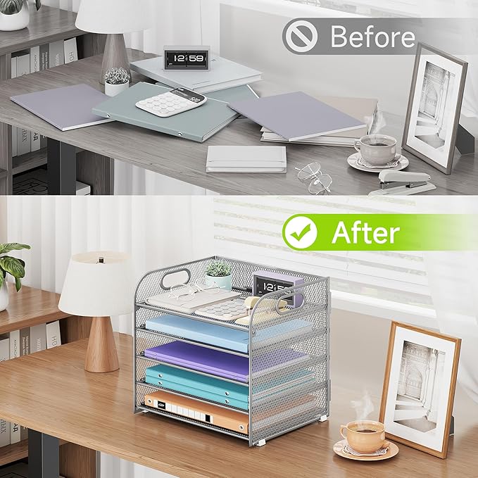 Cawukege 5 Tier Paper Organizer with Handle, Silver Metal Mesh Desk Organizer File Folder Paper Letter Tray Desktop Document Sorter for Classroom, School, Office Accessories Organization and Storage
