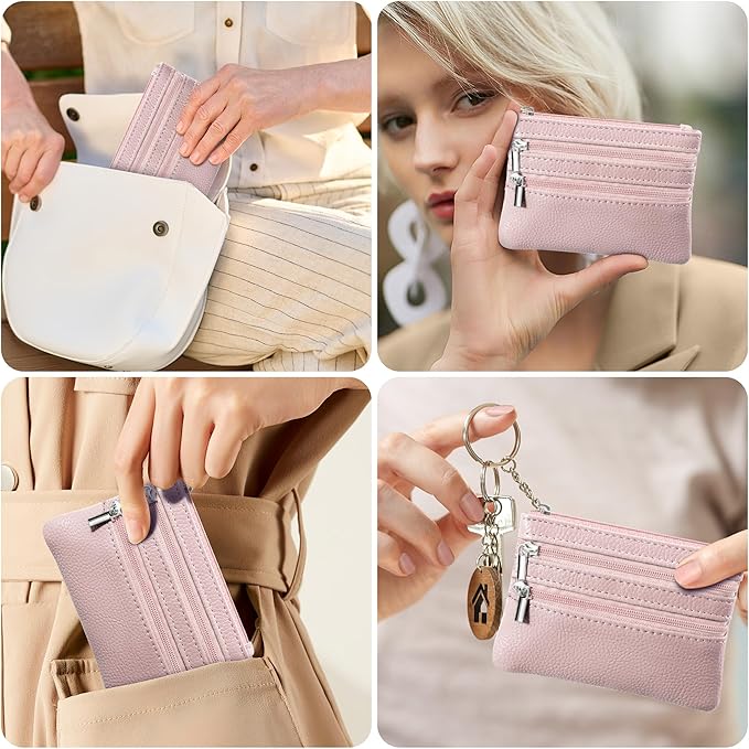Chelmon 2 Pack Coin Purse Pouch Change Card Holder Small Wallet with Keychain for Women and Men (Pink & Pink)