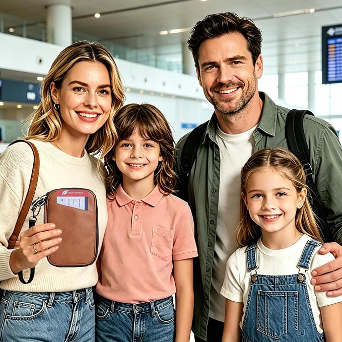 family passport holder for 4 passport wallet for travel passport cover rfid blocking for women waterproof wallet with zipper airtag passport case for men multiple passport bag (BROWN)