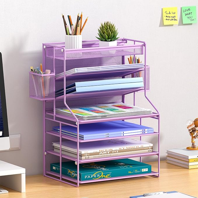 Purple 7 Tier Desk File Organizer, Metal Letter Tray Paper Organizer with Pull-Out Drawer, Removable Pen Holder & Hanging Basket, Vertical Desktop File Holder for Home Office, Classroom