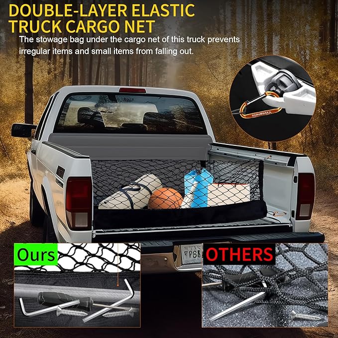 Highly Elastic Truck Bed Cargo Net Compatible with 2024 2025 Ford Ranger, Envelope Style Truck Cargo Net for Ranger Accessories, Upgraded Storage Bag & Heavy Duty Carabiners