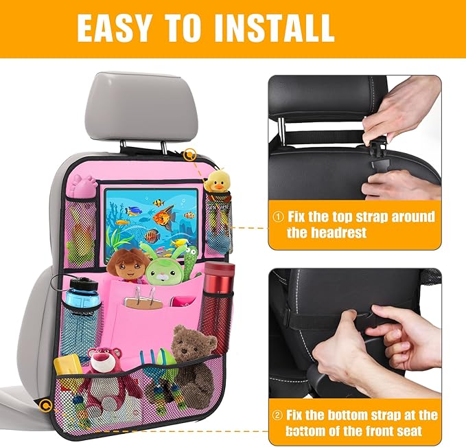 ULEEKA Car Backseat Organizer with 11" Table Holder, 10 Storage Pockets Seat Back Protectors Kick Mats for Kids Toddlers, Travel Accessories, 2 Pack, Pink