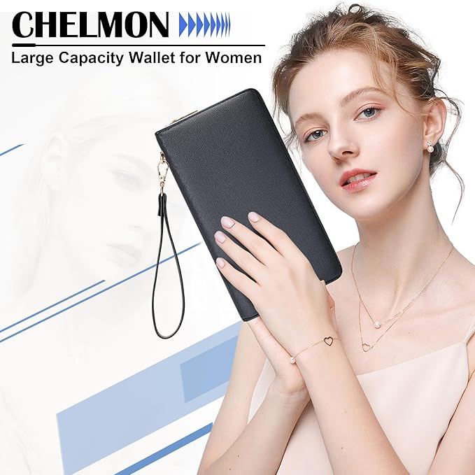 Chelmon Women's Vegan Leather Clutch Wallet with Zip, Hand Strap, Large Capacity