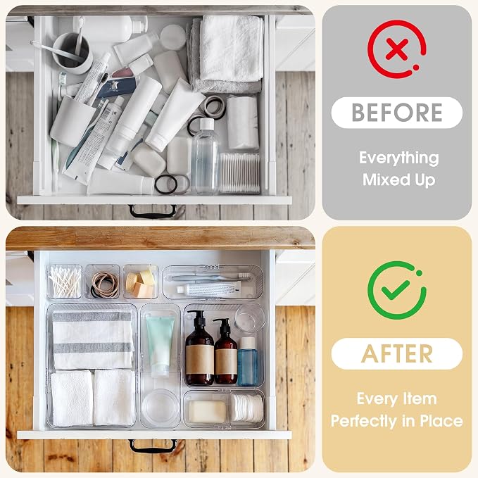 Aneco 14 Pieces Extendable Clear Drawer Organizer Adjustable Vanity Storage Box 4-Size Desk Drawer Divider Acrylic Storage Bins for Makeup, Cosmetic, Jewelries, Bedroom Kitchen Utensils Gadgets