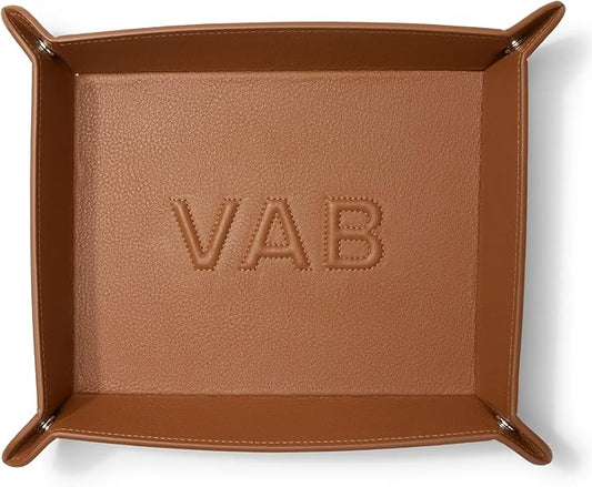 Leatherology Cognac Leather Rectangle Valet Tray – Sleek Catchall Organizer for Desk, Nightstand, or Entryway – Snap Design with Stitched Edge Detailing
