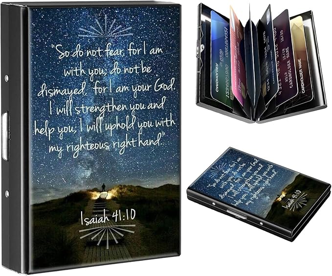 FUYOCWE RFID Credit Card Holder,Small Metal Credit Card Case Wallet,Slim Mini Business Card Holder Organizer Hard ID Case Security wallet for Men Women -Bible Verse Isaiah 41:10