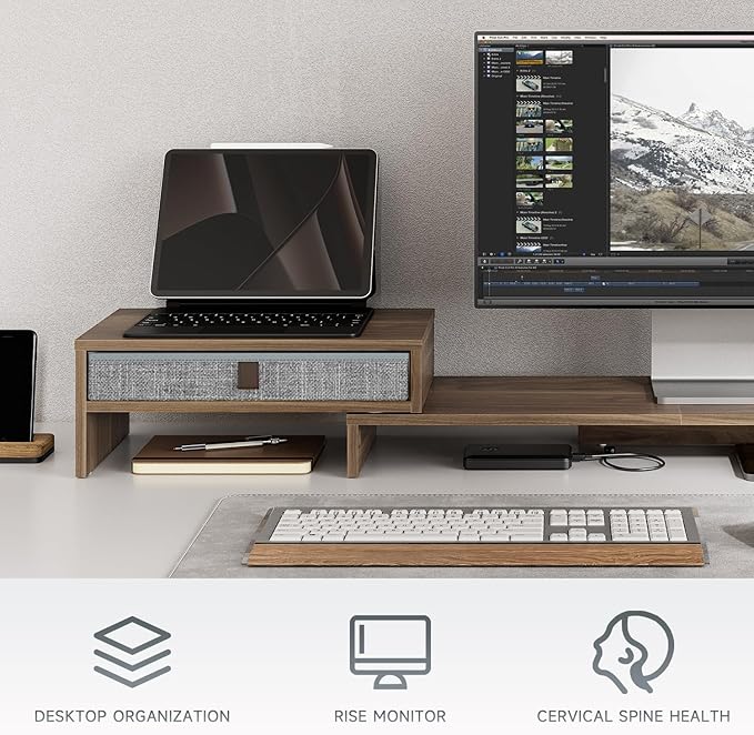 Fenge Computer Monitor Riser Stand with Drawer for 2 or 3 Monitors ,Adjustable Length and Angle Desktop Laptop Stand,Office Organizer,Printer