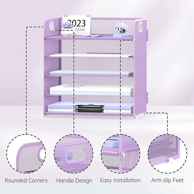 Supeasy 5 Trays Paper Organizer Letter Tray with Handle-Mesh Desk File Holders, Paper Sorter Desk Organizer for Office, Home, Classeoom or School, Purple