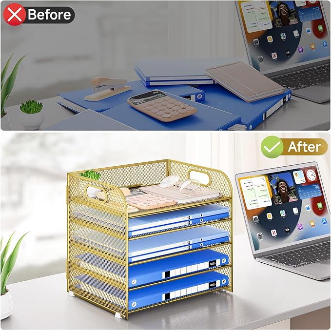 Paper Organizer Letter Tray with Handle Mesh 5 Trays Desk File Organizer Paper Sorter Desk Organizer for Office, Home or School-Gold