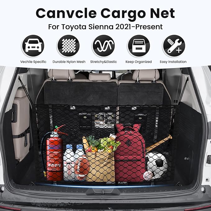 Canvcle Trunk Cargo Net for Toyota Sienna 2021-2025 2026 Accessories Envelope Style Mesh Trunk Net Organizer and Storage Stretchable Adjustable Elastic Nylon Rear Cargo Netting with Hooks